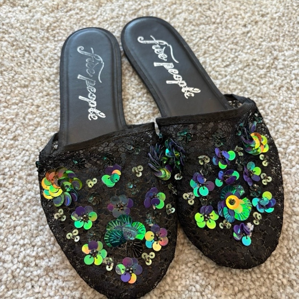 Free People‎ Allure Slipper Womens US 6 EU 36 Black Sequin Flat Whimsigoth Fairy
